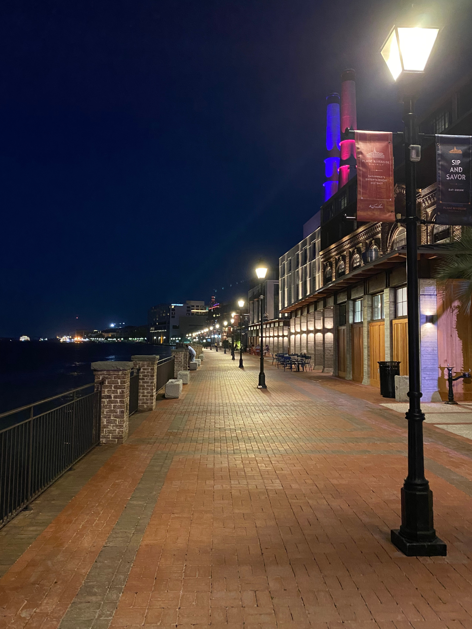 Image of the Savnnah river walk at night